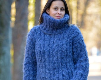 Mohair Cable Sweater, Designer Grey Turtleneck jumper, Fuzzy hand knitted Pullover