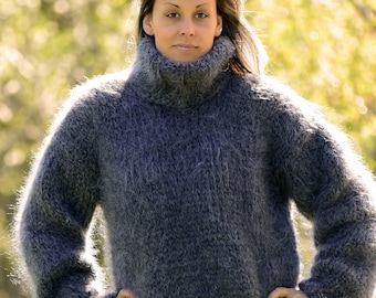 Hand Knit Mohair Turtleneck Sweater, Dark GREY Color Fuzzy Jumper Pullover Jersey by Extravagantza