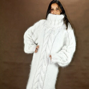 Hand Knitted Mohair Dress White Fuzzy Fetish Jersey Massive Turtleneck Cable knit Designer Sweaterby Extravagantza