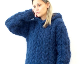 Pull en mohair tricoté à la main extra épais, couleur bleu marine, pull flou à capuche en jersey fabriqué sur commande