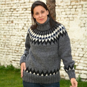 Icelandic sweater, Hand Knitted Wool Norwegian pullover, Dark Gray Fuzzy Turtleneck Nordic Jumper Jersey by EXTRAVAGANTZA