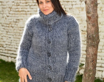 Thick Hand Knitted Mohair Turtleneck Cardigan, Gray Mix Fuzzy Coat Sweater, Grey Jacket by Extravagantza