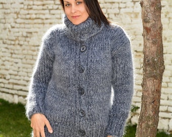 Thick Hand Knitted Mohair Turtleneck Cardigan, Gray Mix Fuzzy Coat