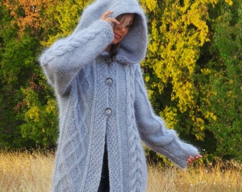 Hooded Cardigan, Cable Hand Knitted Mohair Jumper,  Fuzzy Coat Jersey Jacket, Handmade Sweater