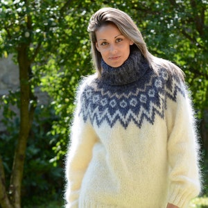 Hand Knit Mohair Icelandic Sweater, Norwegian Winter Pullover, White Gray Fuzzy Turtleneck  Men or Women Jumper by EXTRAVAGANTZA