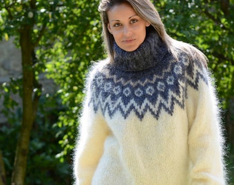 Icelandic Sweater, Hand Knit Mohair Norwegian Pullover, White Gray Fuzzy Turtleneck Jumper by EXTRAVAGANTZA