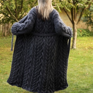 Hand Knitted Mohair Coat, Designer Chunky Cardigan, Cable Dark Gray Shawl collar mohairJacket, by EXTRAVAGANTZA *MADE to ORDER*