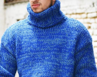 Jersey de lana tejido a mano, jersey de cuello alto grueso, jersey azul de invierno de EXTRAVAGANTZA, listo para enviar, talla L/XL