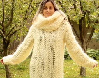 Hand Knitted Mohair Dress, White Fuzzy Fetish Long Dress, Massive  removable Turtleneck Sweater, Custom made Knitwear by Extravagantza