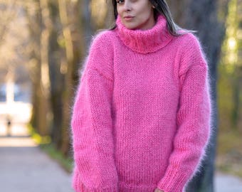 Designer Hand Knitted Mohair Sweater Light Pink Turtleneck | Etsy