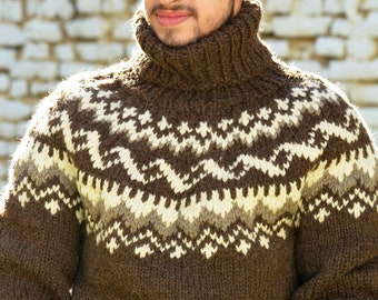 Hand Knitted Wool Icelandic Sweater, Norwegian Itchy Pullover, Brow Soft Turtleneck Thick Jersey, Nordic men Winter Jumper by EXTRAVAGANTZA