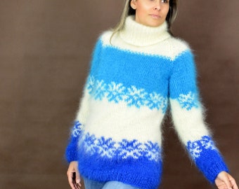 Icelandic Sweater, Norwegian Pullover, Designer Hand Knit Mohair White Blue Fuzzy Turtleneck Jumper Jersey by EXTRAVAGANTZA