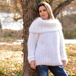 Hand Knitted Mohair Sweater White Cowl Neck Fuzzy Jumper Turtleneck ...
