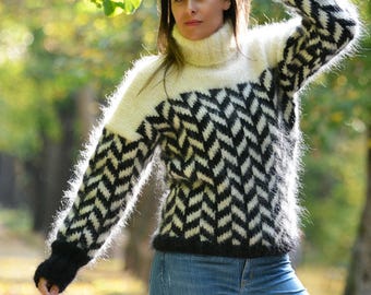 Mohair Sweater, Hand Knitted Black and White Pullover, Fuzzy Jacquard Turtleneck Jumper Jersey by Extravagantza