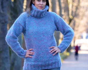 Blue sweater, Hand Knitted Mohair Wool Sweater Soft Turtleneck Jumper Pullover Jersey by EXTRAVAGANTZA