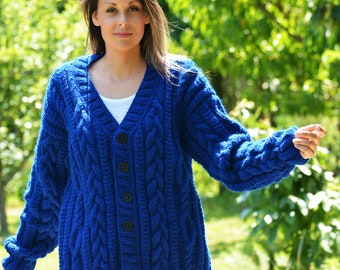 Wool Cardigan, wool sweater, Cable Hand Knitted Royal Blue Soft Coat V-neck Jumper Handmade Jacket Sweater