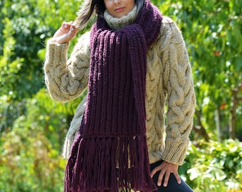 Hand Knitted Scarf 100% Wool Wrap Knit Dark Fuchsia Chunky Womens Soft Warmer Long Winter Scarf by EXTRAVAGANTZA