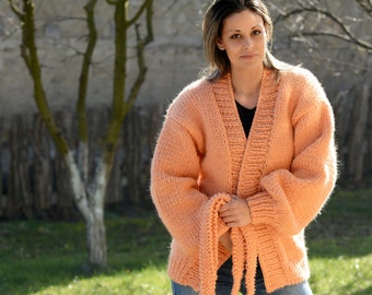 Hand Knitted Wool Cardigan Oversize Peach Color Thick Chunky Coat Soft Sweater Jacket by EXTRAVAGANTZA