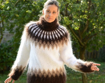Handgebreide Mohair IJslandse trui Noorse witbruine Fuzzy coltrui trui Pullover Jersey van EXTRAVAGANTZA