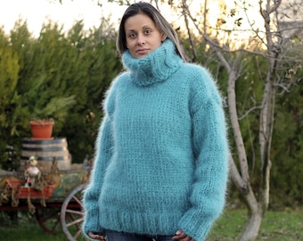 Thick Hand Knitted Mohair Sweater, Light BLUE Color Fuzzy Turtleneck Pullover Jumperby Extravagantza