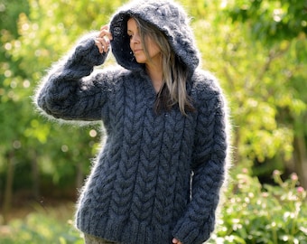 New Hand Knit Mohair Sweater Cable Dark GREY Fuzzy Hooded Jumper Pullover Jersey - MADE to ORDER - by Extravagantza