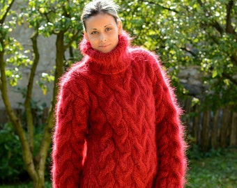 Hand Knitted Mohair Sweater, RED color Fuzzy Turtleneck Jumper, cable Pullover Jersey by Extravagantza