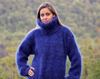 Knitted Mohair Turtleneck Sweater, Fuzzy Pullover, Blue mix color Jumper by Extravagantza