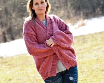 Hand Knitted 100% Wool Cardigan Oversized Rose Pink Designer Slouchy Coat Sweater Wrap by EXTRAVAGANTZA