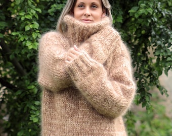 Hand Knitted Mohair Sweater Turtleneck Pullover Beige mix color Fuzzy Jumper by Extravagantza