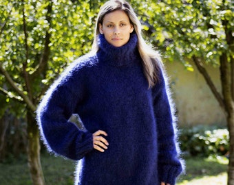 Hand Knitted Mohair Sweater Dark BLUE Fuzzy Turtleneck Jumper Pullover Jersey by Extravagantza MADE to ORDER