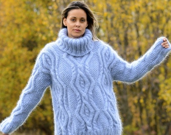 Mohair Sweater, Fuzzy Pullover, Cable Hand Knitted Light Blue color Turtleneck Jumper by Extravagantza