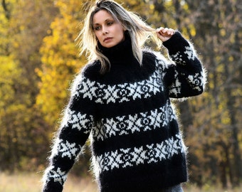 Handgebreide Mohair IJslandse trui Noorse zwart-witte kleur Fuzzy coltrui Pullover EXTRAVAGANTZA