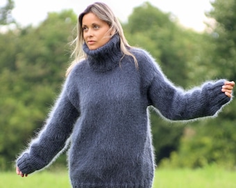 Hand Knit Mohair Sweater Dark Grey Fuzzy Turtleneck Jumper Pullover Jersey by Extravagantza