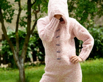 Hand Knit Wool Catsuit, Hooded Sweater, Pink and White Fuzzy Jumper, One piece Wool Bodysuit, Designer sweater costume by Extravagantza