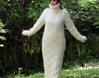 Mohair Long Dress, Hand Knitted White Fuzzy Fetish Jersey Massive Turtleneck sweater Thick Jersey