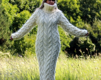 Mohair Dress, Hand Knitted dress, White Long Fuzzy Fetish Jersey Massive Turtleneck Cable Sweater Mock neck