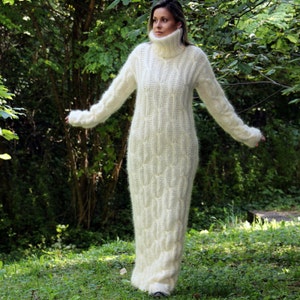 Mohair Long Dress, Hand Knitted White Fuzzy Fetish Jersey Massive Turtleneck sweater Thick Jersey