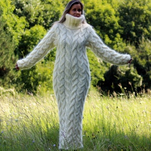 Mohair Dress, Hand Knitted dress, White Long Fuzzy Fetish Jersey Massive Turtleneck Cable Sweater Mock neck