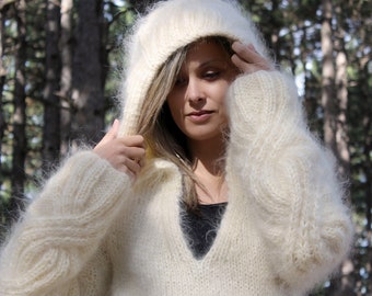 Designer Hand Knitted Mohair Sweater Fuzzy Hooded Cable Jumper Pullover Jersey  MADE to ORDER by Extravagantza