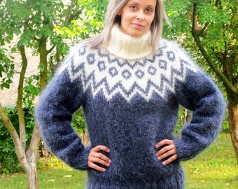 Hand Knitted Mohair Sweater Icelandic Norwegian Gray White Fuzzy Turtleneck Jumper Pullover Jersey by EXTRAVAGANTZA * MADE to ORDER *