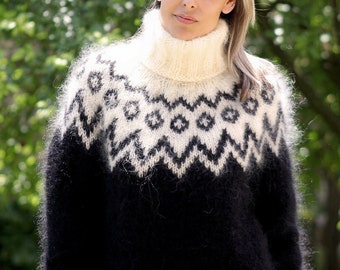 Hand Knitted Mohair Sweater Icelandic Norwegian Black White Fuzzy Turtleneck Jumper Pullover Jersey by EXTRAVAGANTZA * MADE to ORDER *