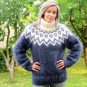 Hand Knitted Mohair Sweater Icelandic Norwegian Gray White Fuzzy Turtleneck Jumper Pullover Jersey by EXTRAVAGANTZA * MADE to ORDER *