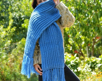 Hand Knitted Wool Scarf Blue Wrap Knitted Chunky Womens Soft Warmer Long Winter Scarf by EXTRAVAGANTZA