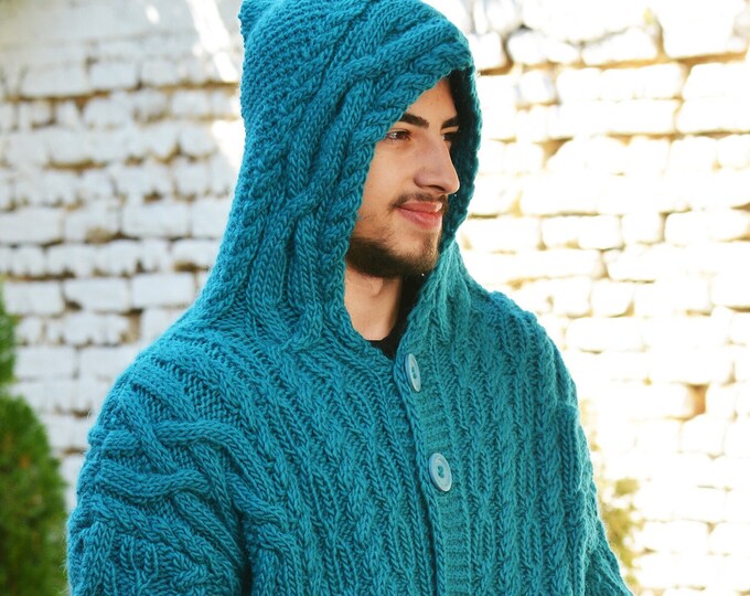 Loose Green Hooded Pockets Patchwork Knit Cardigan Coat Fall