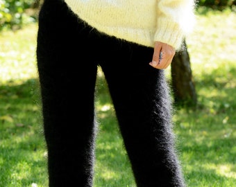 Designer Knitted Mohair Pants, Black Legwarmers, Fuzzy Unisex Hand Knitted Plain Leggings, Fetish Boho Trousers by Extravagantza