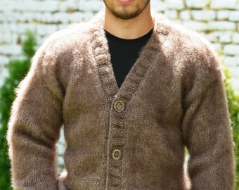 Hand Knitted Mohair Cardigan, Fuzzy Coat, Soft Sweater, Brown V-neck Jacket with Long Sleeves, Boho Fluffy Sweater by Extravagantza