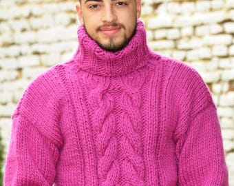 Jersey de lana tejido a mano, jersey de punto trenzado, jersey de cuello alto grueso y suave, color rosa, unisex, de Extravagantza, talla L/XL.