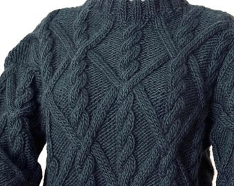 Hand Knit Wool Sweater Turtleneck Chunky Jumper Cable knitted Sweater Gray Thick Crew-neck gift for Men by EXTRAVAGANTZA L/XL