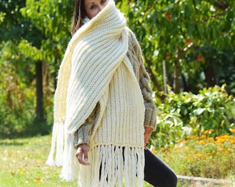 Hand Knitted Scarf 100% Wool White Wrap Knitted Chunky Womens Soft Warmer Long Winter Scarf by EXTRAVAGANTZA