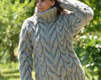 Designer Cable Hand Knitted 100% Wool Turtleneck Sweater Light | Etsy